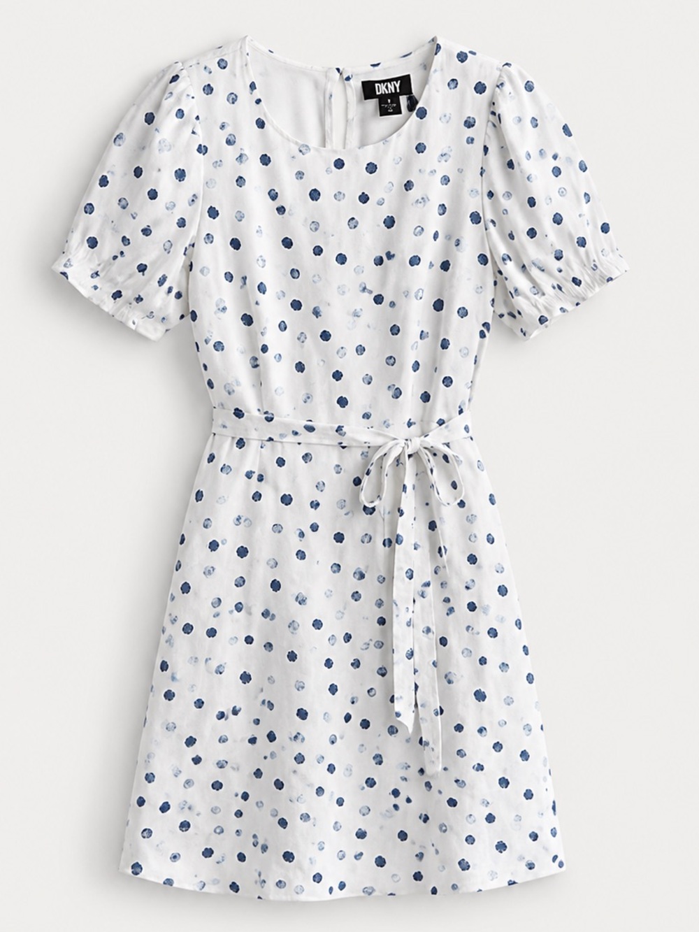 DKNY White summer Dress with Navy Dot Print and Tie Waist